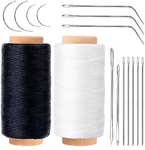 17 Teiliges Leder Nähgarn Set, Schwarzes Gewachstes Garn, Weißes Gewachstes Garn, Gewachste Leder Nähgarn Mit Handnähnadel And Nadelflasche Für Teppich, Leinwand, Restaurierung And Nähen