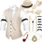 Neer 1920er Jahre Herren Kostüm Zubehör Outfit mit Gangster Weste Fedora Hut Vintage Taschenuhr Fliege Hosenträger Zubehör (Beige, X-Large)