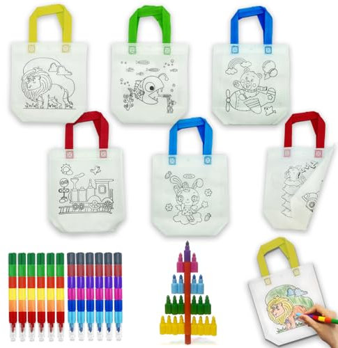 ICEPAPA, 6 Stück Stoffbeutel zum Bemalen für Kinder und 12 Stück Stapelbare Wachsmalstifte (Insgesamt 12 Farben), Perfekt für Mitgebsel Kindergeburtstag und Bastelset Kindergeburtstag