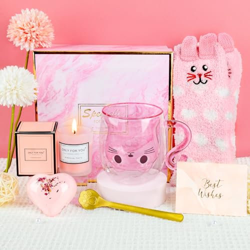 Coffret Cadeau Femme, Cadeaux Anniversaire Pour Femmes, Asse à Café En Verre à Double Paroi Chat, Idées Cadeaux Amusantes pour Elle,Femme, Sœur, Fille, Meilleures Amies, Petite Amie, Nièce (Pink)