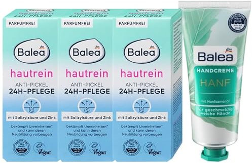 Balea 4er-Set Hautpflege: Anti-Pickel 24h Pflege HAUTREIN Spezialpflege Gesichtscreme bei Pickeln & Mitessern, parfumfrei (3 x 50 ml) + Handcreme HANF für geschmeidig weiche Hände (75 ml), 225 ml