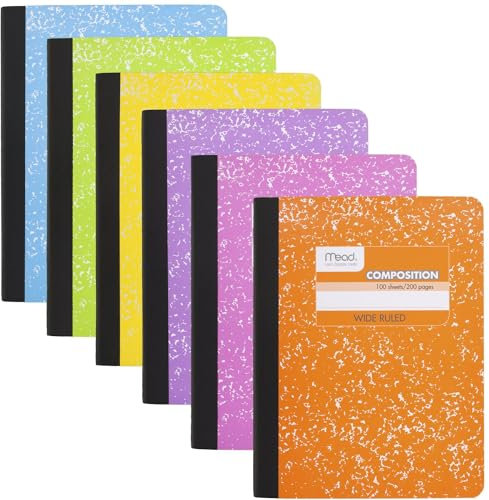 Mead Composition Notizbücher, 6 Stück, breit liniertes Papier, 19,5 x 24,5 cm, 100 Blatt, verschiedene helle Farben (950054-ECM)