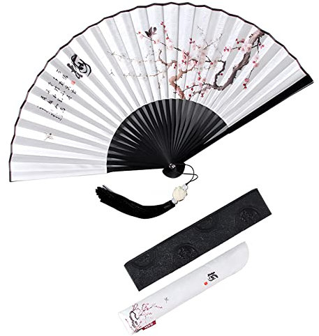 DELURA Handheld Folding Fans, Fans with Tassel and Fan Cover, Oriental Cloth Fabric Fan for Women, Wall Decoration