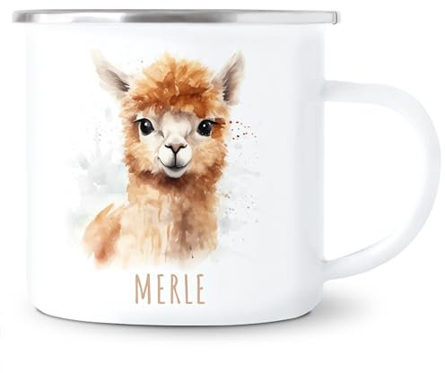 Alpaka Emaille Tasse Kinder Trinkbecher personalisierte Kindertasse mit Namen süßer Kinderbecher für Mädchen & Jungen Geschenk Emaille Becher 300 ml (Alpaka)