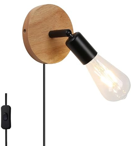 SUNLLOK Wandleuchte Bett Nachttisch Holz e27 Innen Vintage Landhausstil Design zum Kinderzimmer Schlafzimmer Flur Treppenhaus,Wandlampe Antik Nnachtlicht Retro Rustikal mit Stecker und Kabel