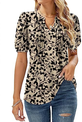 EFFAN Blusa de manga corta abombada con cuello de pico para mujer, plisada, con estampado floral, 36-38