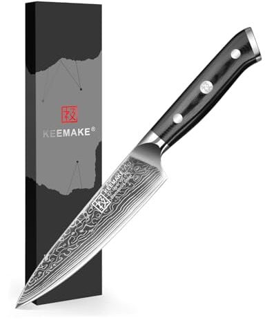 KEEMAKE Damascus Kitchen Utility Knife - 5 Inch Extra Sharp Multipurpose Kitchen Knives with 67-Layer Damascus Steel VG-10 Blade Fruit Knives and Ergonomic G10 Glass Fiber Handle Paring Knife