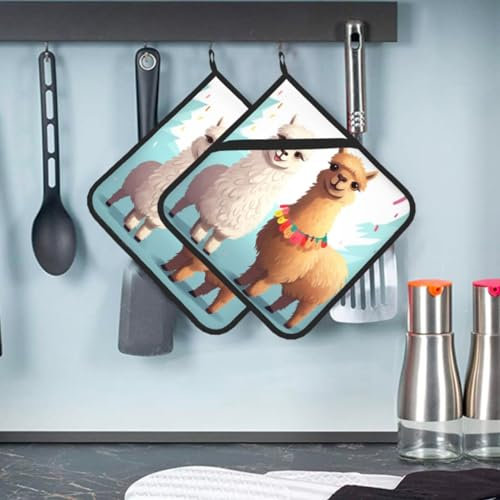 Lama-Alpaka-Topflappen, 2er-Set, Küchen-Topflappen mit Tasche, hitzebeständig, Hot Pad, Tischunterlagen, rutschfester Untersetzer zum Kochen, Backen, Camping