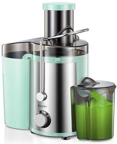 Elettrica Centrifuga Frutta e Verdura, Reemix Estrattore Frutta e Verdura Facile da Pulire, 65 MM Bocca Larga, Acciaio Inox, 2 Velocità, Spazzola & Ricetta (Acqua, 800W)