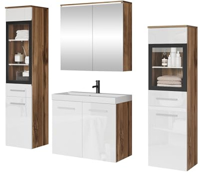 Mirjan24 Badmöbel Set Madrit II mit Waschbecken und Siphon, Komplettprogramme für Spiegelschrank, Waschtisch, Hochschrank (Wotan Eiche/Weiß Hochglanz, mit weißer LED Beleuchtung)