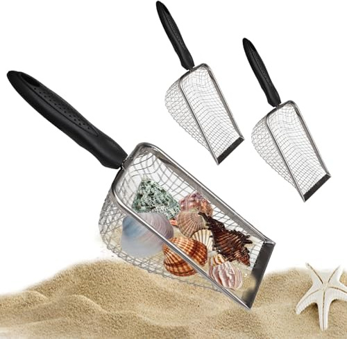 2 Stück Edelstahl-Strand-Mesh-Schaufel, Metall-Haifischzahnsieb, schwarzer Griff, Reptiliensandschaufel, Schaufel, Strandmuschel, Sammelwerkzeug zum Sieben, Aufheben von Meerestieren, Katzenstreu