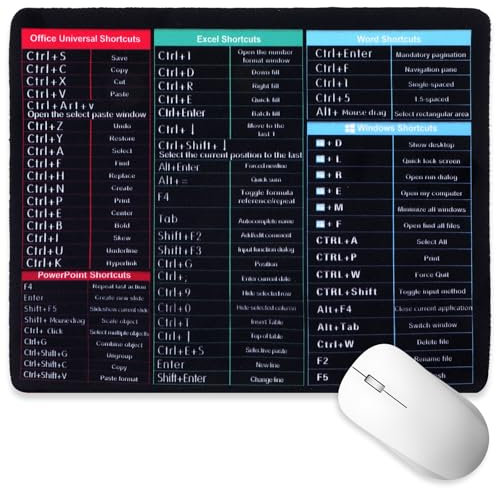 Tyqour Excel Shortcut Desk Mat 26x21x0.3 cm Keyboard Excel Shortcuts Mouse Mat Pad Anti-Slip Keyboard Pad With Office Word Shortcuts Pattern for Office Home Desk Laptop