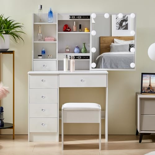 LIANWANG Tocador de Maquillaje con Espejo y LED Luz, Brillo Regulable e 3 Temperaturas de Color, Mesa de Tocador con 6 Cajones, 1 Taburete, Blanco, Tiradores de Cristal
