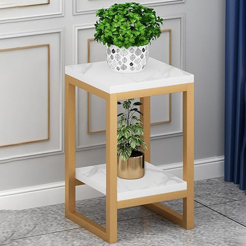 2-stöckiger Metall-Pflanzenständer, Blumentopf-Eckregal, Garten-Balkon-Außenhalter für Schlafzimmer, Wohnzimmer, Innen-Ausstellung, Innen-Außen-Metalltopf-Marmor-Trennwand, Goldweiß, 50 x 30