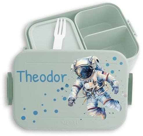 Kinder Bento Box Midi Mepal Bentobox - Weltall Weltraum - Personalisierbare Brotdose mit Astronaut | Lunchbox für Kindergarten und Grundschulkinder mit Name | Geschenk zum Kindergartenstart oder