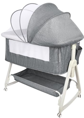 HUOLE Cuna 3 en 1, Cuna Colecho, Balancín, Cuna con inclinación Ajustable, Altura Ajustable en 6 Niveles, hasta 30 kg, Ruedas 360º, Mosquitera, Cesta de Almacenamiento-92 * 52 * 106-118cm-lino Gris