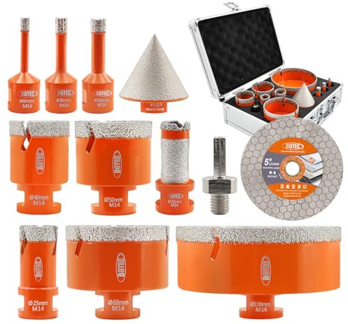 BGTEC Foret Diamant Kit Trépan Carrelage - 11pcs(6/8/10/25/40/50/68/110MM+20mm Fraise Diamanté+35mm diamant foret chanfrein+125mm Disque Diamant) pour Porzellan, Keramik, Fliesen, Granit, Marmor