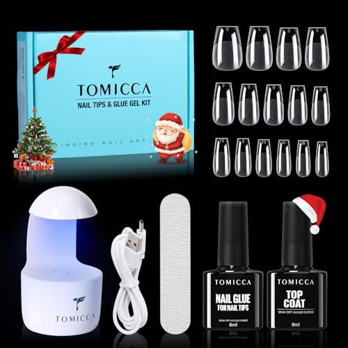 TOMICCA Kit Capsule Americaine Ongle - Pose Americaine Ongle Kit, 240 PCS Capsules Ongle Cercueil Court, Avec 6 en 1 Colle Faux Ongles Top Coat Semi Permanent Et Mini Lampe UV Ongles Gel