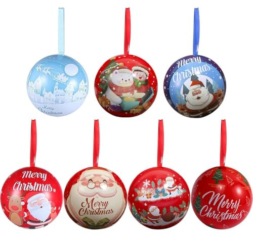 Tsffae 7 Stück Weihnachten Weißblech Candy Ball Box Weihnachtsbaum Geschenke Kugeln Befüllbare Kugeln Runde Kugelförmige Mini Box Hängezubehör