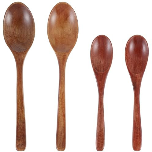 Oruola 4pcs Wooden Teaspoons,Wood Spoon for Eating,Wood Utensils Set,Small Wooden Spoons for Honey Tea Coffee Jam Sugar Ice Cream and Bath Salts Stirring Spoons,2 Sizes, 18.8 & 15 CM Long