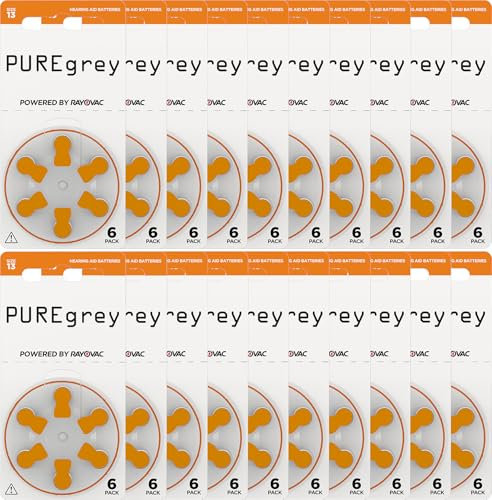 PUREgrey Lot de 120 piles pour appareils auditifs de type 13 - Piles conçues pour une performance maximale - Pack de 20 blisters de 6 piles auditives - Code couleur orange PR48 1,45 V