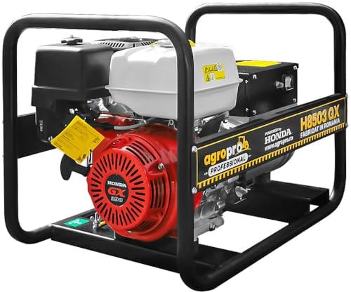 AgroPro Generatore industriale H8503GX - 8 kVA, motore Honda GX 390 (13 CV), funzionamento a benzina, trifase (400 V) e funzionamento monofase (230 V), compatto e robusto per uso privato e