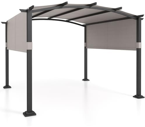 TANGZON 3 X 3M Metal Retractable Pergola, Outdoor Arched Patio Gazebo with Sun Shade Canopy, Large Garden Shelter for Porch Backyard Deck (Grey+Black)