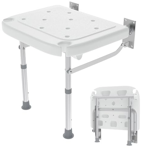 Suusolny Duschklappsitz Für Wandmontage Duschsitz Duschstuhl Faltbarer Sitz Höhenverstellbar, Anti-Rutsch-Füße, mit Duschhalterung Platzsparender Badesitz für Senioren bis 200KG
