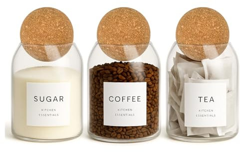 Tea Coffee Sugar Canisters Set of 3 Spice Jars with Cork Ball Lids – 500ml Glass Jars Modern Kitchen Food Containers
