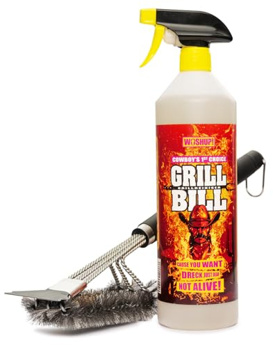 WOSHUP! Grill Bill Grillreiniger in Industriequalität 1000 ml für Gasgrill und Holzkohlegrill, Smoker und Backofen - Entfernt Eingebranntes Ruß Schmutz und Fett (1 Liter + Grillbürste)