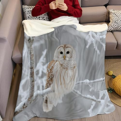 Schneeszene Kuscheldecke Flanell Fleecedecke Tier Eule 3D Digitaldruck Sofadecke Wolldecke Bettlaken Wärme Wohndecke Klimaanlage Decke für Wohn Schlafräume 130 x 150 cm