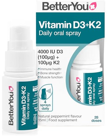 BetterYou Vitamin D3 K2 Oral Spray, Fast Acting Vitamin D 4000 IU + Vitamin K2 (MK7) Supplement, Supports Bones, Teeth, Immune System & Blood Clotting, 1-Month Supply, Natural Peppermint Flavour
