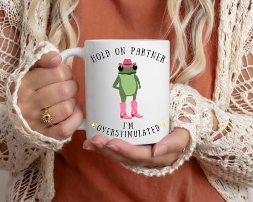 Forever Personal Designs Funny Cowboy Frog Hold On Partner I'm Overstimulated 11oz Mug