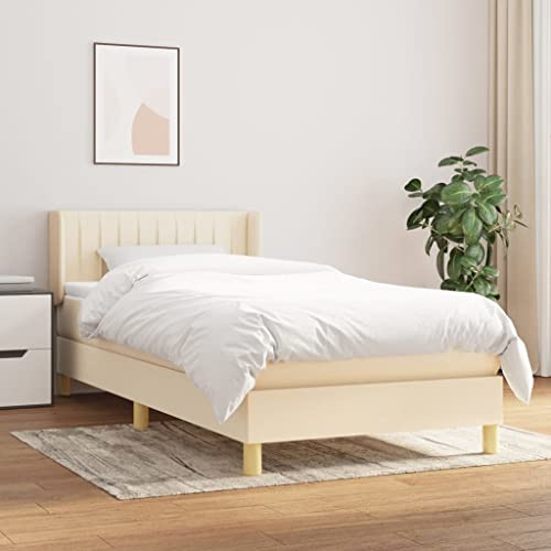 Bucmath Boxspringbett mit Matratze, Creme 100x200 cm, Stoffbezug, verstellbares Kopfteil, Taschenfederkern, mittelfest, für Schlafzimmer Möbel