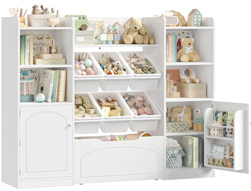 FOREHILL 140,5cm Breit Kinderregal, Kinderzimmer Möbel mit 7 Boxen, Weiß | Kinderregal mit Boxen auf Rollen, Spielzeug Aufbewahrung, Regal für Kinderzimmer, Kindergarten, Leseecke, 140,5x33x108,2 cm