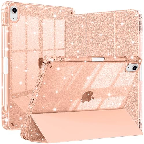 Funda Compatible con iPad A16 11.ª Generación de 11 Pulgadas 2025,iPad 10.ª Generación de 10,9 Pulgadas,Funda Brillante con Parte Trasera Transparente Brillante,Soporte para Lápiz,para Niñas,Rose Gold
