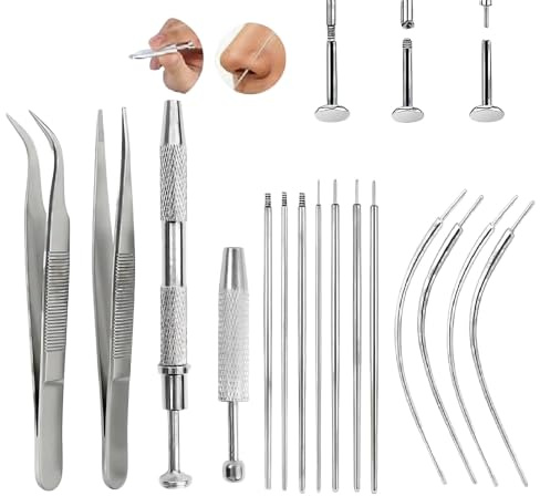 KAHZOR Piercing Set Selber Stechen Mit 2 Piercing Kugel Aufdreher 11 Piercing Nadel Und 2 Pinzette, 14G 16G 18G 20G Piercings Taper Insertion, Für Piercing Wechselhilfe, Piercing Nase, Zungenpiercing
