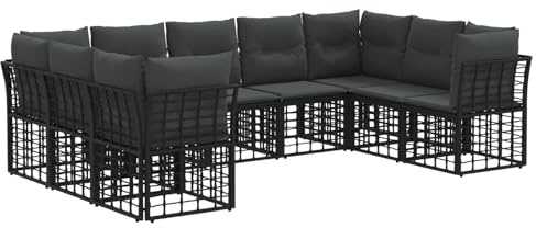 vidaXL Outdoor-Sofagarnitur Schwarz und Dunkelgrau Polyester, Modularer Wohnzimmersofa-Set für draußen, modernes Rattan, wetterfest, stufenlos verstellbare Füße für Gartenlounge