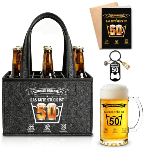 50 geburtstag mann, Männerhandtasche Bier Geschenkset mit Bierkrug 0,5 L | Biertasche,Flaschenöffner Schlüsselanhänger, Karte, Lustige Geburtstagsgeschenk, Bier Geschenke Für Männer Papa Ehemann Opa