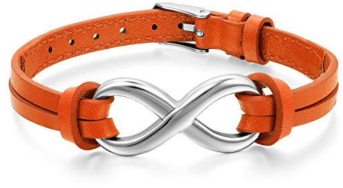 JewelryWe Schmuck Herren Damen Armband, Infinity Zeichen Charm Armreif, Leder Echtleder Edelstahl, Orange Silber