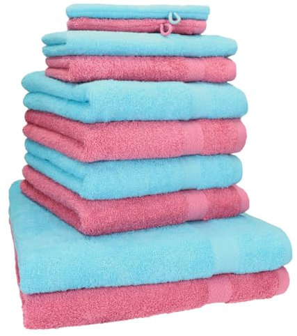 Betz 10-TLG. Handtuch-Set Premium 100% Baumwolle 2 Duschtücher 4 Handtücher 2 Gästetücher 2 Waschhandschuhe Farbe Türkis & Altrosa
