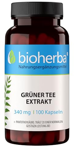 Grüntee-Extrakt 340 mg + Vitamin B5 – 100 Kapseln von Bioherba | Mit natürlichem Koffein & Pantothensäure für Energie & geistige Leistung