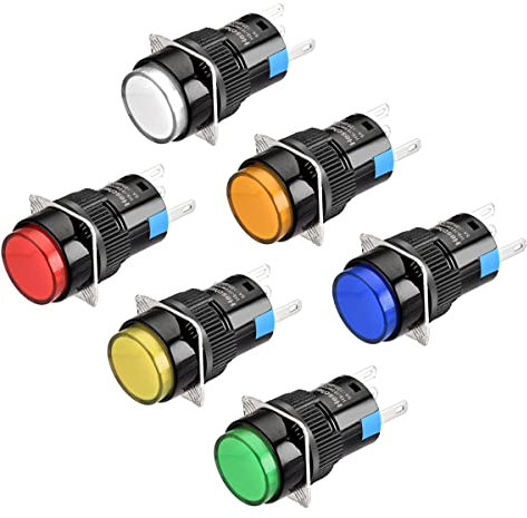 Heschen Interruptor de botón redondo de 16 mm 1NO 1NC rojo, azul, amarillo, blanco, verde, naranja, 12 V lámpara LED