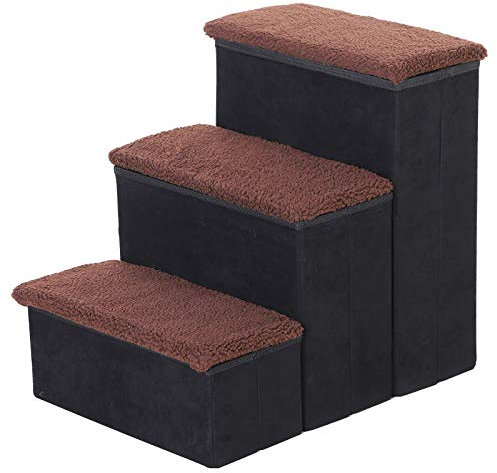 PawHut Escalera para Mascotas de 3 Peldaños Plegable con Tapas Abatibles y Espacio de Almacenamiento 3 Escalones de Perros Gatos Pequeños para Cama Sofá 40x54x48 cm Negro