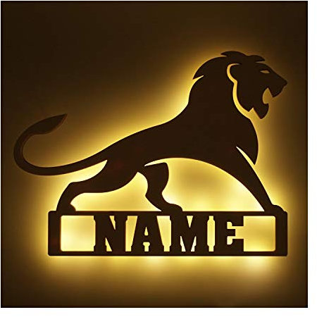 Löwe Geschenk Holz Deko Figur LED Nachtlicht Schlummerlicht Lampe für Mann Frau Kinder personalisiert mit Namen I optional mit Farbe I LED