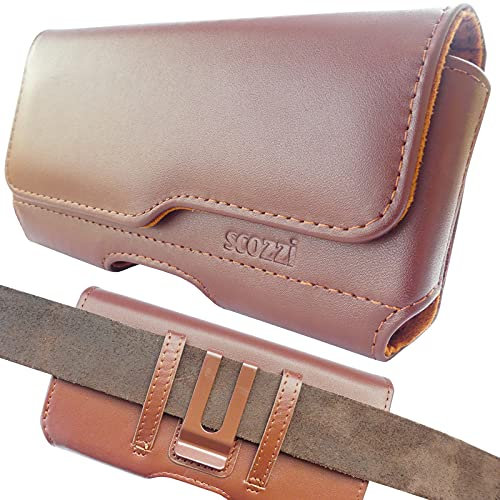 scozzi Handy Gürteltasche Echt Leder Quer Gürtel Tasche Handytasche Clip Halterung Universal z.B. kompatibel mit Samsung S24 S23 S22 S21 A55 A54 für iPhone 15 14 13 12 11 FE Plus Ultra Mini Lite Pro