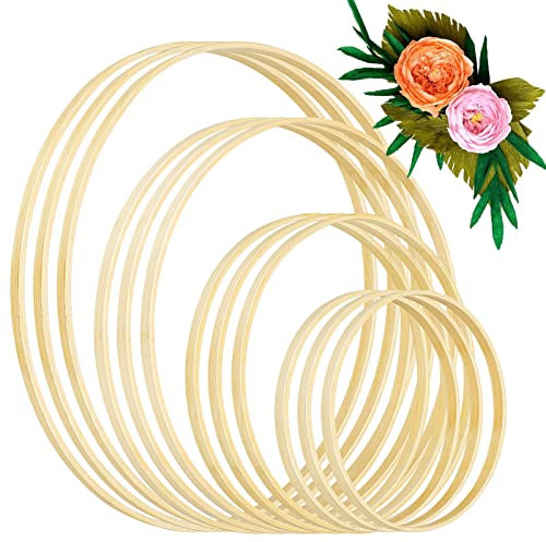 Pack of 12 Dream Catcher Rings Set, Wooden Bamboo Flower Wreath Macrame Rings, Floral Hoop, Macrame Craft Hoop Ring for Wedding Wreath Decor and DIY Crafts, 4 Sizes (15 cm/20 cm/25 cm/30 cm)