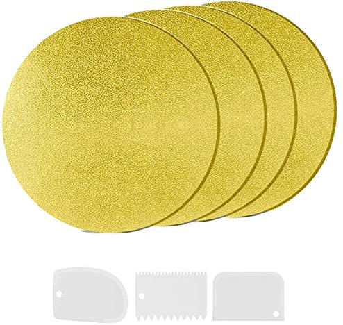 YIYICO Cake Board Tortenunterlage Cakeboard Rund Ø 30cm/12inch 4er Wiederverwendbar Torten Unterplatten für Transport Kuchen und Torten, mit 3 Stück Kuchenschaber (Gold)