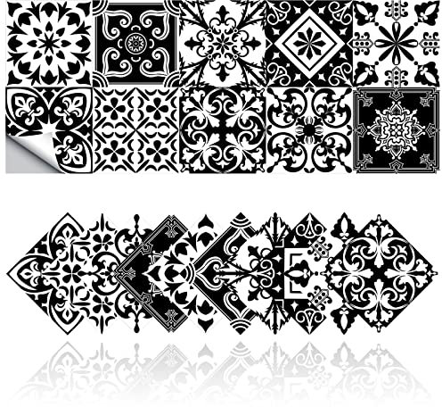 Cendray Retro Fliesenaufkleber Badezimmer Küche Fliesenaufkleber DIY Öldicht Wasserdicht PVC Selbstklebende Dekoration Marokkanischen Stil Schwarz und Weiß (20,10x10cm)