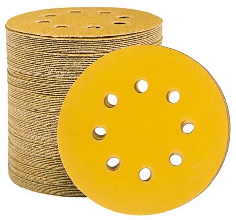 STEBRUAM 100 Stück Schleifpapier 125mm Klett 180 Körnung, Profi Gold Rund 8 Loch Schleifscheiben für Exzenterschleifer,Für Holz Metall und Farbe